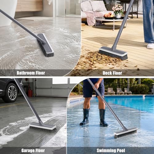 2 in 1 Floor Scrub Brush: Deck Brush with Squeegee | Long Adjustable Handle - 55'' Stiff Bristle Scrape Brush for Deck Patio Garage Shower Bathroom