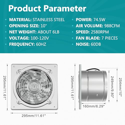 HG Power 10 Inch Metal Exhaust Fan with Switch, 988 CFM Powerful Garage Exhaust Fan with Damper, Potable Wall Mount Fan Fume Extractor Ventilation Fan for Shop, Shed, Basement, Chicken Coop, Silver - color: Silver, size: 10 Inch