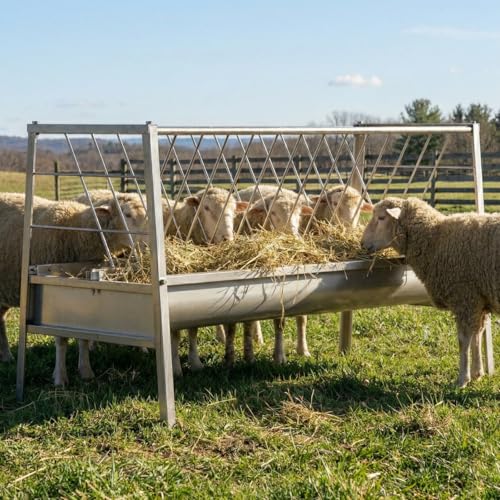 62'' Long Goat Feeder with 26'' Wide Tray, 90 Gallon Heavy Duty Alloy Steel Goat Hay Feeder for Goats Sheep Lambs Horses Farms Sheds, Ease of Assembly, Rust-Proof, Detachable Grain Tray - style: Alloy Steel