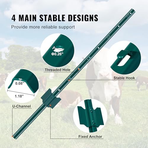 VEVOR 3 Feet Fence Post, 10 Pack U-Channel Heavy Duty Metal Fence Posts with 20 Zip Ties & 20 Clips, Sturdy Steel Fence Stakes for Garden Yard, Lawn, Farms and Outdoor Wire Fencing, Green - size: 3 Feet 10 Pack