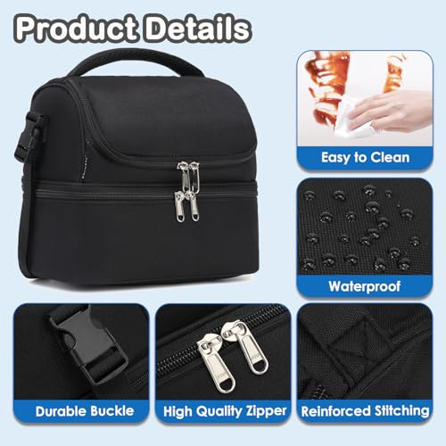 FlowFly Double Decker Cooler Insulated Lunch Bag Large Tote for Boys, Girls, Men, Women, With Adjustable Strap,Black - color: Black
