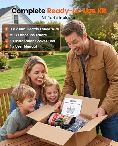 Electric Fence Polywire Kit, 200m/656FT with 50 Insulators & Tool | 6 Stainless Steel Conductors, Weather-Resistant Materials, Fast Fence Setup for Farms, Pastures & Gardens - size: 656ft/200m