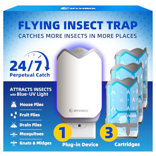 Nymrix Flying Insect Trap, Plug-in Indoor Fly Trap for Fruit Flies & Gnats | 24/7 Blue Light Trap for House Flies & Mosquitoes, Works in Kitchens & Near Plants, Safe for Kids & Pets, 1 Base + 3 Refills