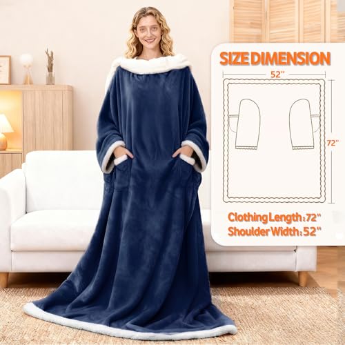 Wearable Heated Blanket With Sleeves & Foot Pocket, Heated Throw Blankets Fast Heating Blanket With 10 Heat Settings Auto Shut Off Over-Heat Protection-Warm Gift, Machine Washable, 52”*72”+18” - color: Navy