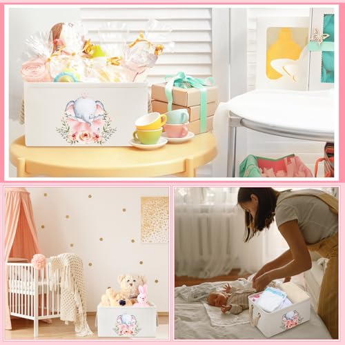 Pickmesh Baby Shower Storage Basket with Gift Bags Rectangular Ribbons Collapsible Canvas Storage Bin with Handles for Diaper Organizing Toy Home DIY Gift Basket, 13 x 9. 1 x 7. 1 Inch(Pink Elephant) - style: Pink Elephant