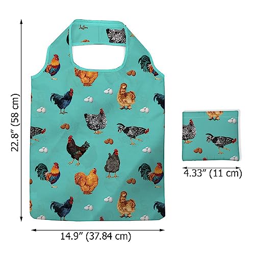 WIRESTER Reusable Grocery Tote Bag for Women, Foldable Shopping Bag, Cute Shoulder Bag, Beach Bag - color: Barnyard Chicken Roosters Teal