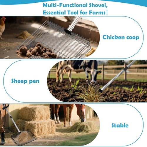 15" Large Chicken Coop Scooper for Sand - Heavy Duty Stainless Steel Poop Scooper with 38-64" Telescoping Handle - Adjustable Poultry Manure Rake & Sifter Shovel for Easy Cleaning