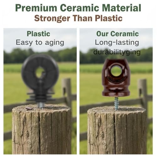 Ceramic Electric Fence Insulators, 20 Pack Heavy Duty Ceramic Insulators | Electric Fence Insulators for Wooden Posts with Galvanized Steel Screw, Easy Install