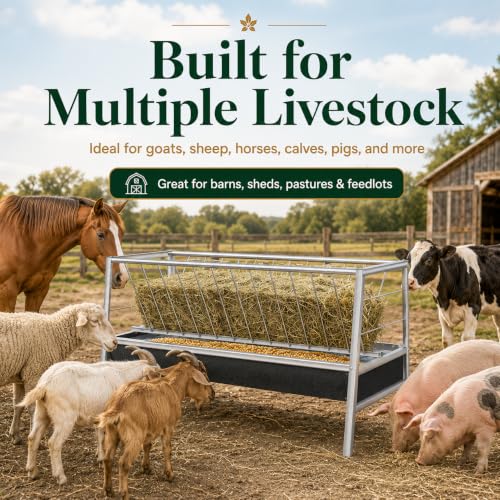 98 Gallon Livestock Feeder, Hay Feeder for Goats Sheep Calves and Horses | Anti-waste stainless steel goat feeder with rubber trough supports hay and feed access for goats, sheep, calves and horses.