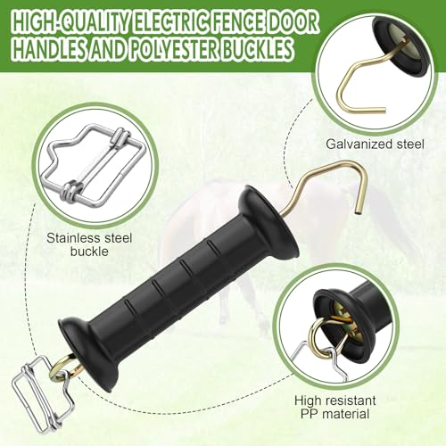 Yookeer 12 Set Electric Fence Gate Handles Poly Tape Buckles Included, Stainless Steel Buckle, UV Resistant Plastic Insulator Handle for Agricultural Farm Livestock Fencing