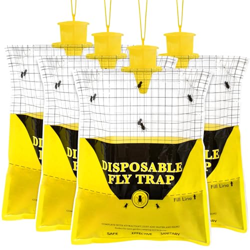 Outdoor Fly Traps for Patio - 4 Large Pre-Baited Flies Bags Disposable | Hanging Fly Catcher Killer Repellent with 4*50g Bait for Stable Horse Barn & Farm | Easy to use | Durable | Effective - size: 4 Pack
