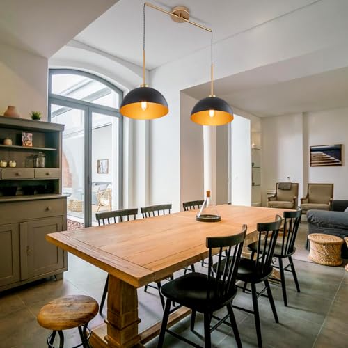 2 Light Black and Gold Dome Pendant Lights Kitchen Island | Height Adjustable, E26 Base, Easy Installation, Farmhouse Industrial for Dining Room Kitchen Island Restaurant Cafe Bar - color: Black-2 Lights