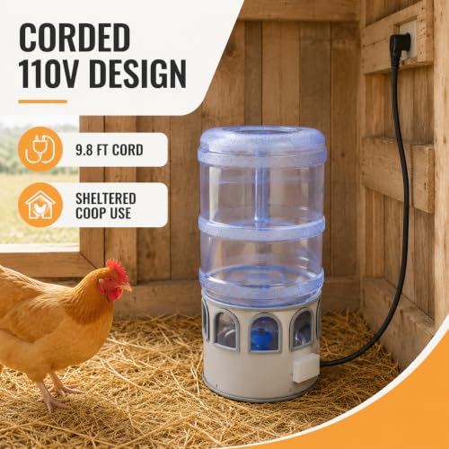 Chicken Water Heater 5 Gal, 80W Heated Poultry Waterer, 110V | 32-122°F Control, 80W Heating, 9 Drinking Ports, Stainless Steel, 9.8 Ft Cord