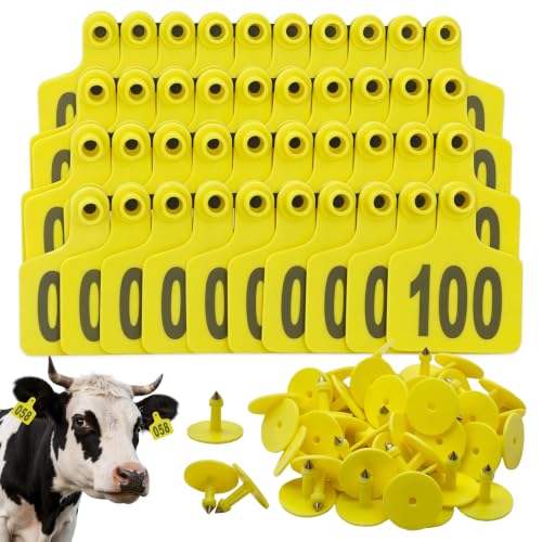 Cattle Ear Tags 001-100 Numbered Large Plastic Livestock Ear Tag,Yellow | L3'' x W 2.5'' For Sheep Calf Goat Pig,Animal Id Tags For Ranch & Farm Herd Tracking, Laser Print Fade-Resistant, Copper Head - color: Yellow, size: 001-100