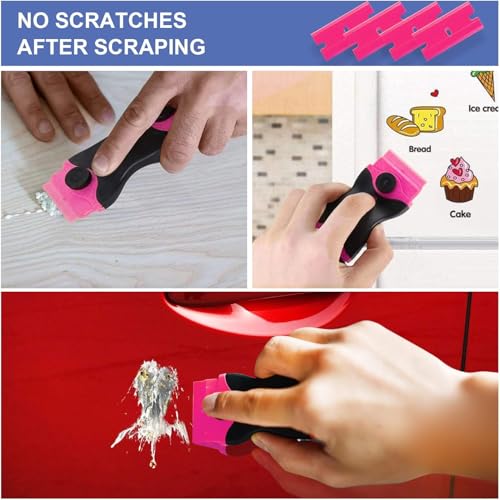 4 PCS Razor Blade Scraper with 40Pcs Metal and 40Pcs Plastic Blades, 2-in-1 Cleaning Scraper Tool for Cooktop Oven Floor Window Glass Car (Pink)