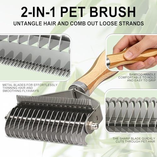 2-in-1 Pet Dematting&Deshedding Undercoat Rake with Bamboo Handle | Double-Sided Dematting Comb,Deshedding Dog Brush,Pet Grooming Tool for Long-Haired Dogs&Cats,Remove Loose Hair Tangles