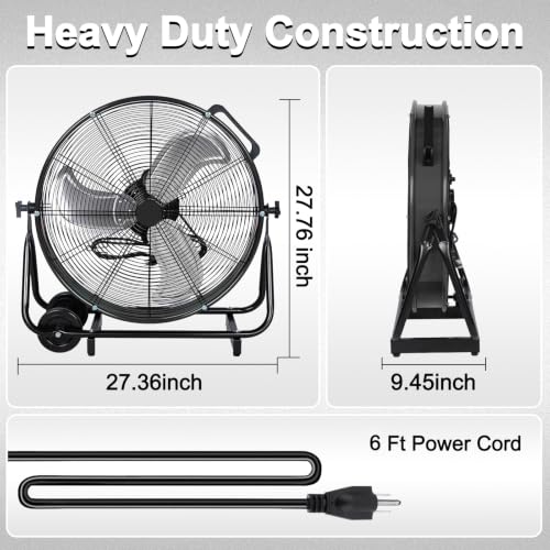 BILT HARD 24" 8100 CFM High Velocity Drum Fan, 3 Speeds Heavy Duty Tilt Metal Floor Shop Fan, Commercial Industrial Use for Garage, Factory, Warehouse, Black - size: 24 INCH