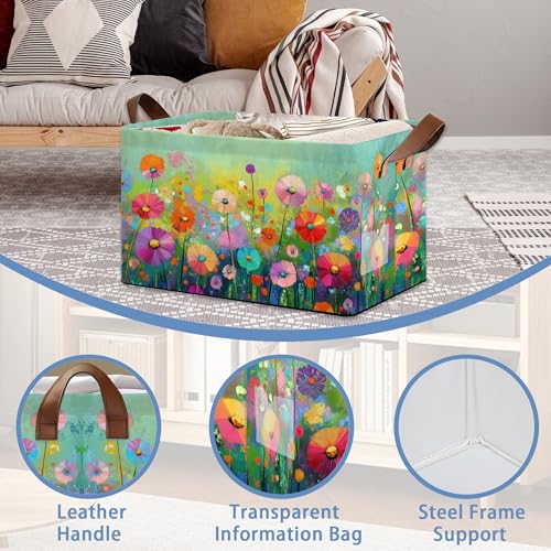 Retro Flowers Floral Storage Basket with Handles,Colorful Collapsible Rectangle Organizer Bin for Room Decoration Books Box Baskets 17x11.5x10Inch - color: Retro Flowers Floral Colorful
