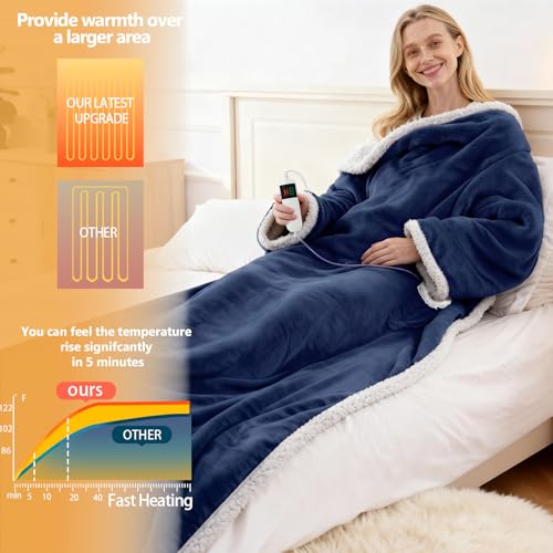 Wearable Heated Blanket With Sleeves & Foot Pocket, Heated Throw Blankets Fast Heating Blanket With 10 Heat Settings Auto Shut Off Over-Heat Protection-Warm Gift, Machine Washable, 52”*72”+18” - color: Navy