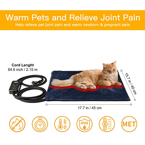 Toozey Pet Heating Pad, 6 Adjustable Temperature Heated Cat Bed with Timer, Waterproof Electric Heated Mat for Dogs and Cats, Chew Resistant Cord, Safe Indoor Use, 18x16in - color: Navy Blue, size: 18.0"L x 16.0"W x 0.6"Th
