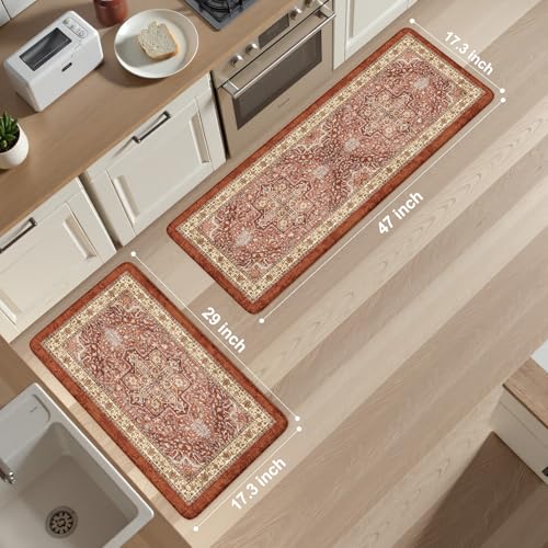 KIMODE Anti Fatigue Fall Kitchen Mats, Boho Distressed Kitchen Floor Mats | 17"x47"+17"x29", Non Slip Waterproof Kitchen Rugs, Padded Comfort Standing Mats for Laundry, Office, Sink, Desk Orange Multi - color: Orange, size: 17.3" x 47"+17.3" x 29"--0.47 i