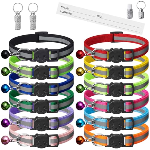 12 Pack Reflective-Breakaway Cat Collars with Bells,Safety Buckle Kitten Collar, with Name Tag, Adjustable,Ideal for Girl Cats Male Cats,Pet Supplies,Stuff,Accessories(12 Colors & 2 ID Tags) - size: Adult Cat 7.5''-12.5'' (with 2 ID Tags)