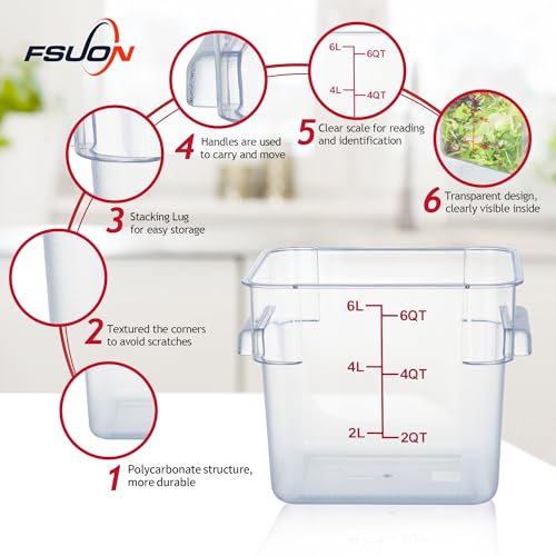 4 Pack 6 Qt Square Polycarbonate Food Storage Containers with Lids | Clear BPA-free PC with lids, side handles, measurement scale and stackable design; for food prep, storage and freezer use. - color: 6Qt