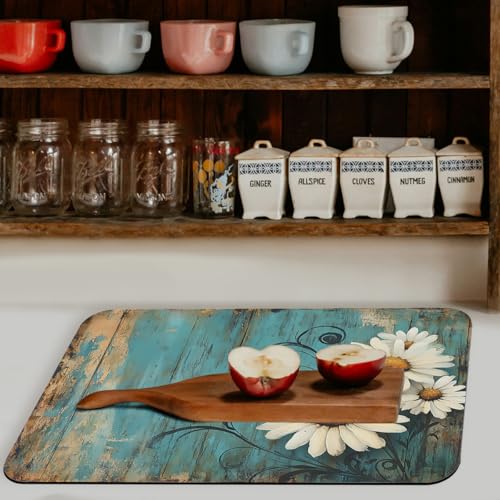 Rustic Barn Flower Dish Drying Mat for Kitchen Counter 2 Pack Fall Daisy Teal Turquoise Brown Absorbent Draining Pad, Coffee Bar Mat Accessories Fit, Quick Dry Mat Non-slip 12"L x 20"W
