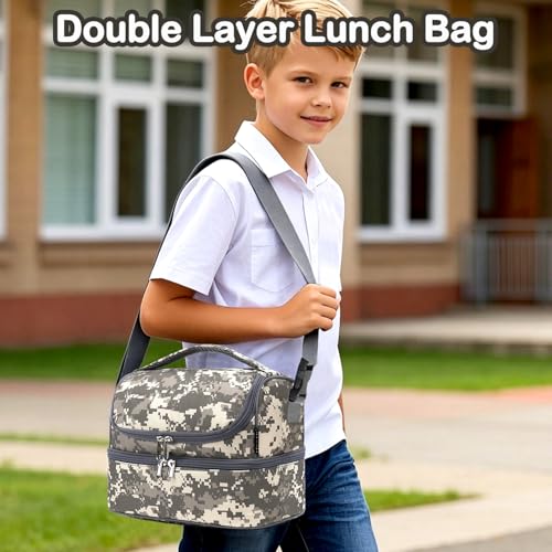 FlowFly Kids Double Decker Cooler Insulated Lunch Bag Large Tote for Boys, Girls, Men, Women, With Adjustable Strap, Digital Camo - color: Digital Camo