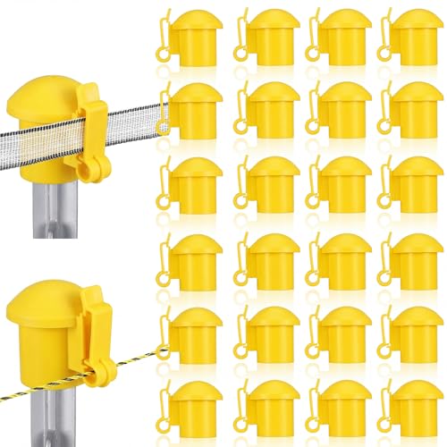 DoubleFill 24 Pcs Electric Fence Insulators and T Post Safety Cap, T Post Safety Topper Black Plastic Insulators for Wood Posts Wire Holding Fencing Garden Farm Highway Sport Fences Supplies (Yellow) - color: Yellow