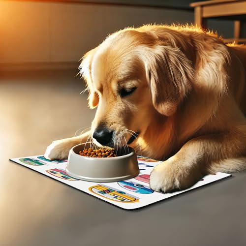 Lunarable Camper Pet Mat for Food and Water, You Make Me Happy Motivational Words Caravans Retro Style Travel Graphic Print, Non-Slip Rubber Mat for Dogs and Cats, 18" X 12", Indigo Yellow - color: Indigo Yellow