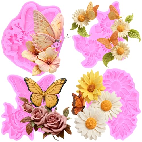 Mujiang Flower Silicone Molds Daisy Rose Butterfly Fondant Mold Set of 4 | Hibiscus Flower Butterfly Chocolate Mold Wedding Birthday Cake Decorating Cupcake Topper Candy Polymer Clay Gum Paste - color: Style J