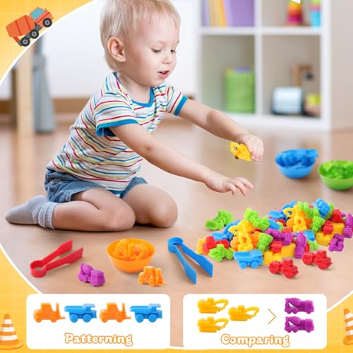 RAEQKS Counting Sorting Toys Matching Stacking Games with Bowls Sensory Preschool Learning Activities Educational Montessori Stacking Toy Gifts Sets for Kids Aged 3 4 5 Years Old Boys Girls - style: Construction vehicles