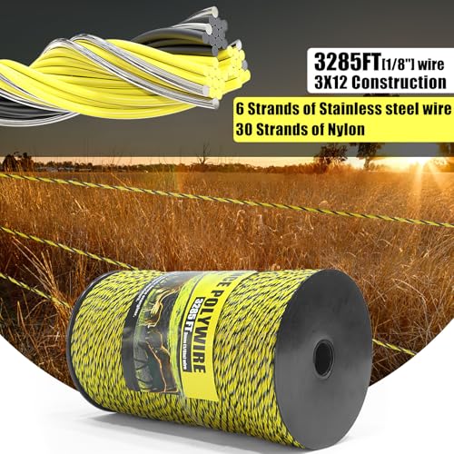 Upgrade Electric Fence Polywire 3285FT,1000 Meters, 6 Stainless Steel Strands for Reliable Conductivity, Portable Electric Fencing, UV Resistant, Rust Resistant, Highly conductive, Easy to Install - size: 3285 Feet