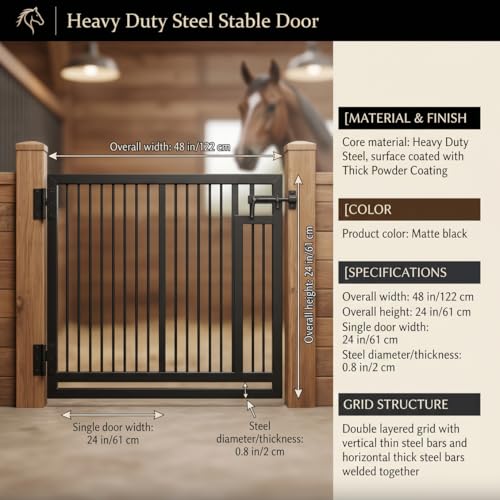 Durable 48" W x 24" H Horse Stall Gates with Two-Way Swing, Matte Black Steel Grid Stall Guards for Horses, Adjustable Stable Door for Farm Barns, Easy Install - size: 1
