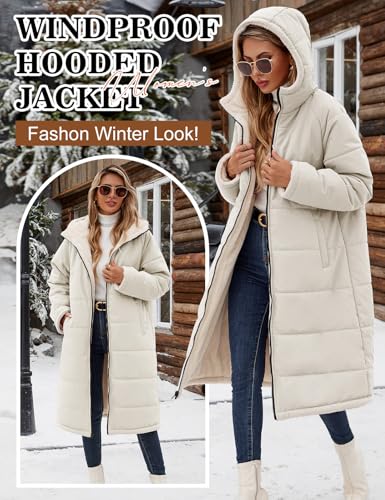 Yusongirl Women's Reversible Long Winter Puffer Coat with Hood and Fleece | Two wearable sides for winter commutes, school runs and city errands, with quilted warmth, soft fleece, a hood and pockets - color: Beige, size: Small