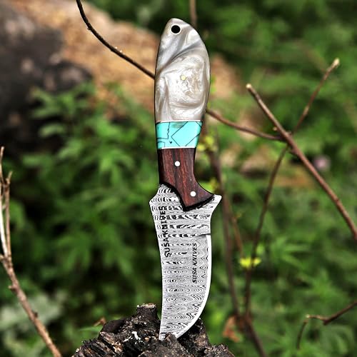 Custom Handmade 7'' fixed blade hoof rasp knife Cow boy knife Turquoise Handle Damascus steel Bull cutter, cowboy knives with pancake leather sheath (RESIN) - color: RESIN
