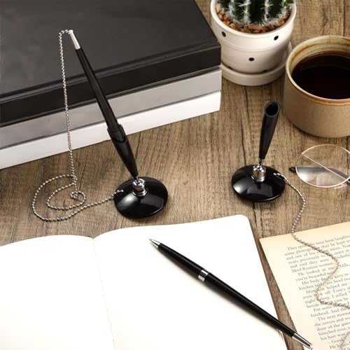 Zonon 6 Pieces Secure Pen with Chain for Counter Desk, Black Ink Holder | Pen with Chains and Adhesive Base for Office Bank Hotel Retail Reception, Desk Ballpoint Pens, Back to School Supplies