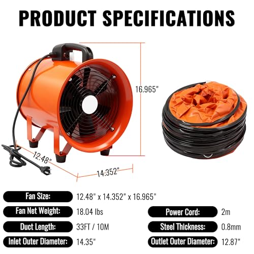 dreamdragon Upgraded 12-Inch Utility Blower Fan，Portable Industrial Exhaust Fan with 33ft Flexible Duct Hose，3300 RPM Ventilator for Workshops Warehouses and Basements - size: 12Inch Blower Fan with 33ft Duct Hose