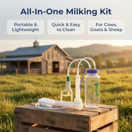 Totority Manual Milking Machine for Goats & Cows, 1L Portable Hand Vacuum Pump Milker Kit, Food-Grade Sheep Milking Bucket for Small Farm, Home, Daily Use