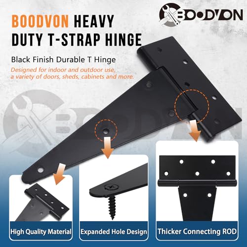 12 Inch T-Strap Gate Hinges, Shed Barn Door Hinges Heavy Duty, Black Tee Hinges for Wooden Fences, Yard Gate, Wrought Hardware Iron Rustproof (2Pack/Set) - size: 12 Inch