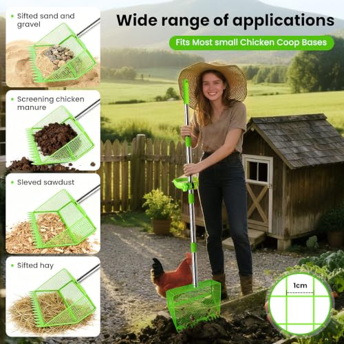 2026 Upgraded 2-in-1 Chicken Poop Scooper & Rake with Handle, 12inch Heavy-Duty Metal Chicken Coop Scoop for Sand Sifting Shovel Litter Scooper for Farm House Chicken Coop Cleaning Tools Accessories - color: Green