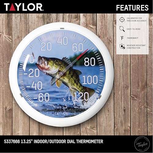 Taylor Jumping Fish Indoor Outdoor Dial Thermometer, Wireless Thermometer with Easy to Read Large Numbers for Patio, Pool, Garden or Garage, and Indoor Areas, 13.25-inch, Blue
