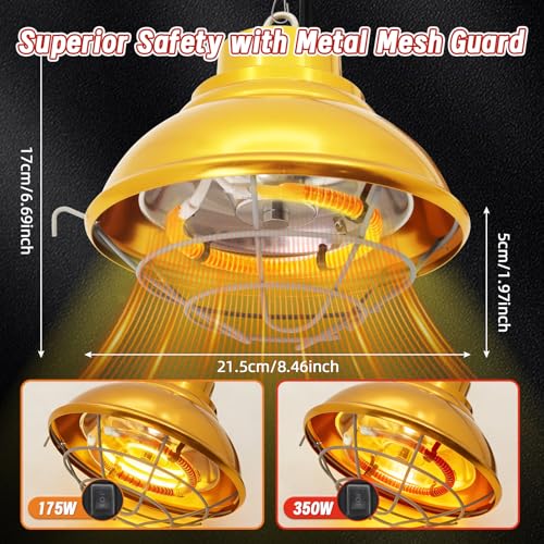 Dual Watt Heat Lamp for Chickens, Carbon Fiber Bulb (175/350W) | Chicken Coop Heater, 2 Temperature Adjustable, Hanging Heat Lamp for Chicks, Pets and Poultry