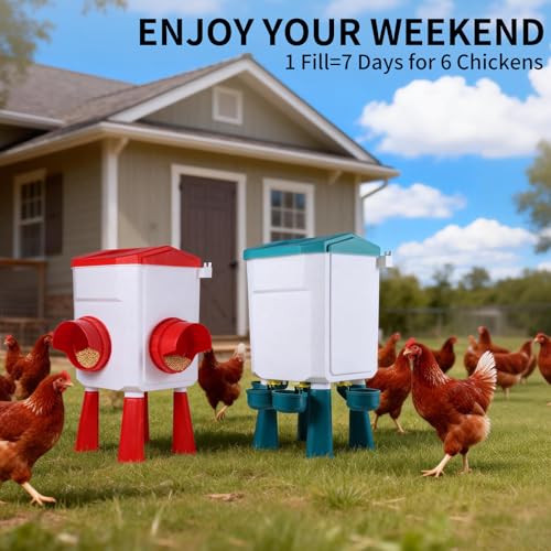 Chicken Feeder and Waterer Set - 2.1 Gal & 17.6 Lbs Automatic Gravity Poultry Kit - No Waste Port Feeder, Leak Proof Hanging Waterer w/Adjustable Legs for Chicks Hens