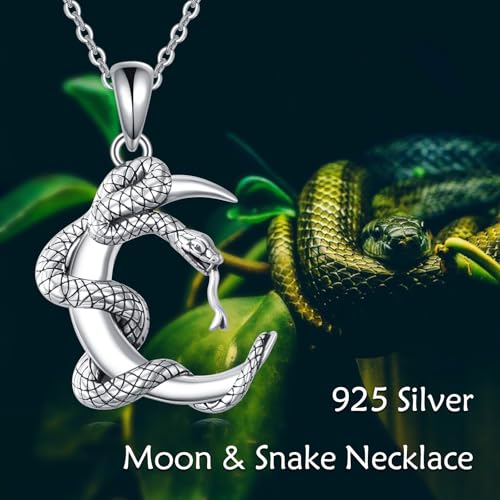 Snake Moon Necklace - 925 Sterling Silver Moon Pendant Necklace - Snake Jewelry for Women - style: snake moon