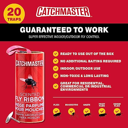Catchmaster Fly Trap Bundle, Fly Bag 2-Pack & Fly Ribbon 20-Pack, Fruit Fly Traps for Indoors & Outdoors, for Garage, Backyard, Pool, Patio & Camping