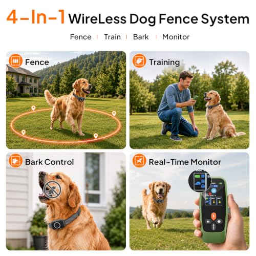 4-in-1 Wireless Dog Fence with Training, Bark Control, Real-Time Pet Status | 3 Training Modes: Beep/Vibration/Static, IPX7 Waterproof, Remote Boundary Collar, Invisible Fence for Small/Medium/Large Dogs