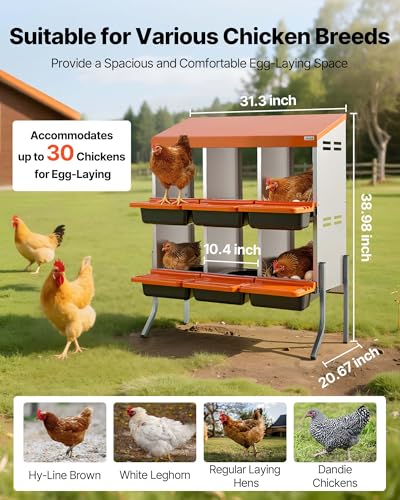 VEVOR Chicken Nesting Boxes, 6 Compartments, with Support Legs, Easy Egg Collection, Galvanized Steel and High-Strength Plastic, Roll Away Nesting Boxes for Chickens and Hens Laying Eggs, Orange - size: 31.3"L x 20.7"W x 39.0"H