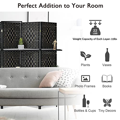 Giantex 6Ft 6 Panel Room Divider with Shelves, Freestanding Hand-Woven Rattan Folding Privacy Screens for Room Separation, Wooden Partition Room Divider Wall for Home Office Studio Separator - color: Black